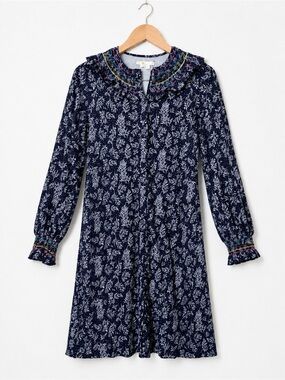 Boden size 10 Navy Floral Long-Sleeve Ruffled Collar Dress